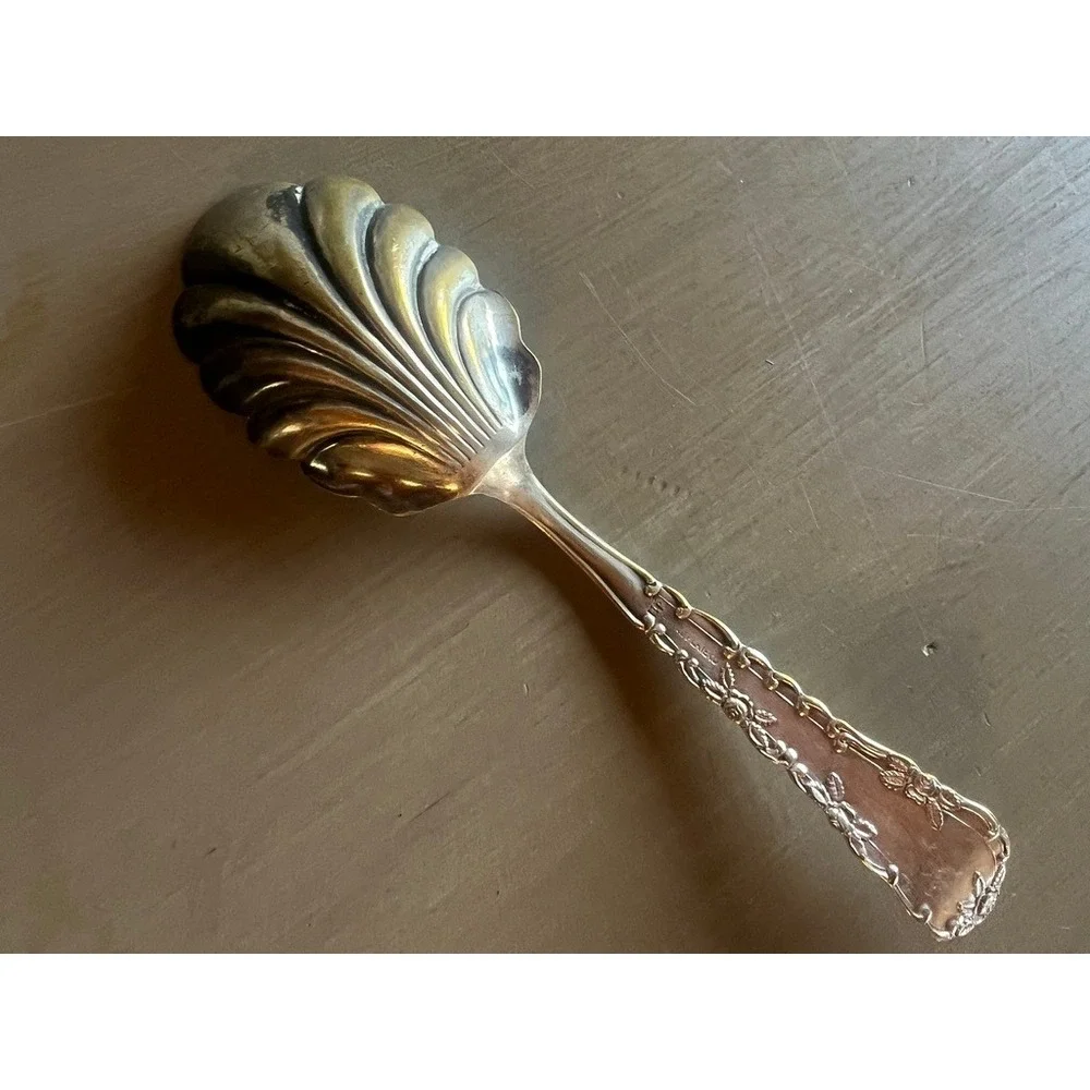 Floral Rose Sugar Shell Spoon Silver Plated Scalloped Vintage Tea Party Decor